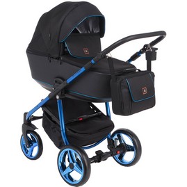 Детская коляска Adamex Barcelona Special Edition 2 в 1 BR-620 кожа черная, черный жаккард, синий