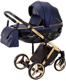 Детская коляска Adamex Chantal Special Edition Deluxe 3 в 1 C108 синяя кожа золотая рама