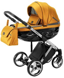 Детская коляска Adamex Chantal Special Edition Deluxe 3 в 1 C120 желто-золотая кожа хромированная рама