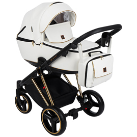 Детская коляска Adamex Cristiano Special Edition 2 в 1 Deluxe CR-300 кожа белая белая перф.кожа золотая рама