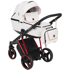 Детская коляска Adamex Cristiano Special Edition 2 в 1 Deluxe CR-319 кожа белая белая перф.кожа красная рама