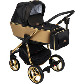 Детская коляска Adamex Reggio Special Edition 2 в 1 Y836 кожа золотая/черный принт золотые точки