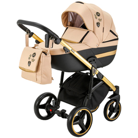Детская коляска Cortina Special Edition 3 в 1 CT452 кожа черная/ светло бежевый/ рама золото