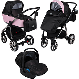 Детская коляска Adamex Reggio Special Edition 3 в 1 Y839 кожа пудровая/черный принт розовые точки