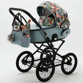 Детская коляска Adamex Porto Retro Flowers 3 в 1 PO-FL4 яркие цветы, серо-голубой