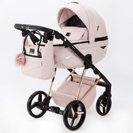 Детская коляска Adamex Quantum Superstar Deluxe 3 в 1 Star 134 кожа св.розовая, розовый, рама розовое золото