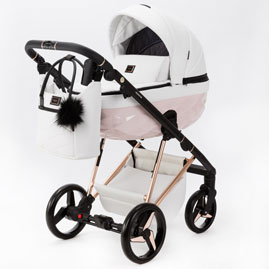 Детская коляска Adamex Quantum Superstar Deluxe 3 в 1 Star 137 кожа белая, розовый, рама розовое золото